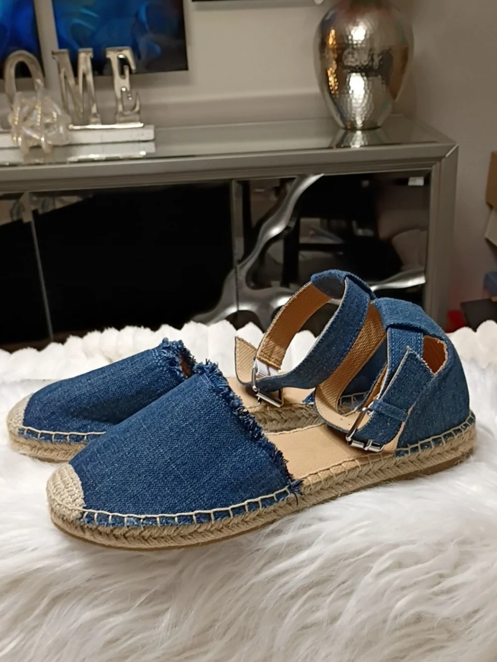 New W/Flaw Minnetonka Denim Blue Espadrille Sandals with Ankle Strap 8M